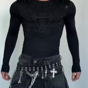 Men's Rhinestone Spiderweb Long Sleeve Top