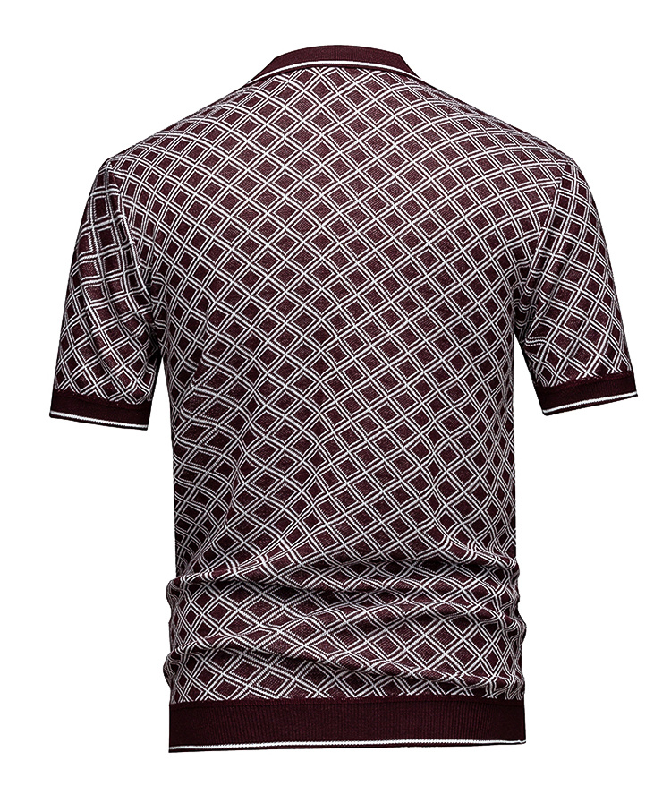 Men's Short Sleeve Knit Polo Shirt, Burgundy Diamond Geometric Jacquard 2 Men's Short Sleeve Knit Polo Shirt, Burgundy Diamond Geometric Jacquard - Image 2