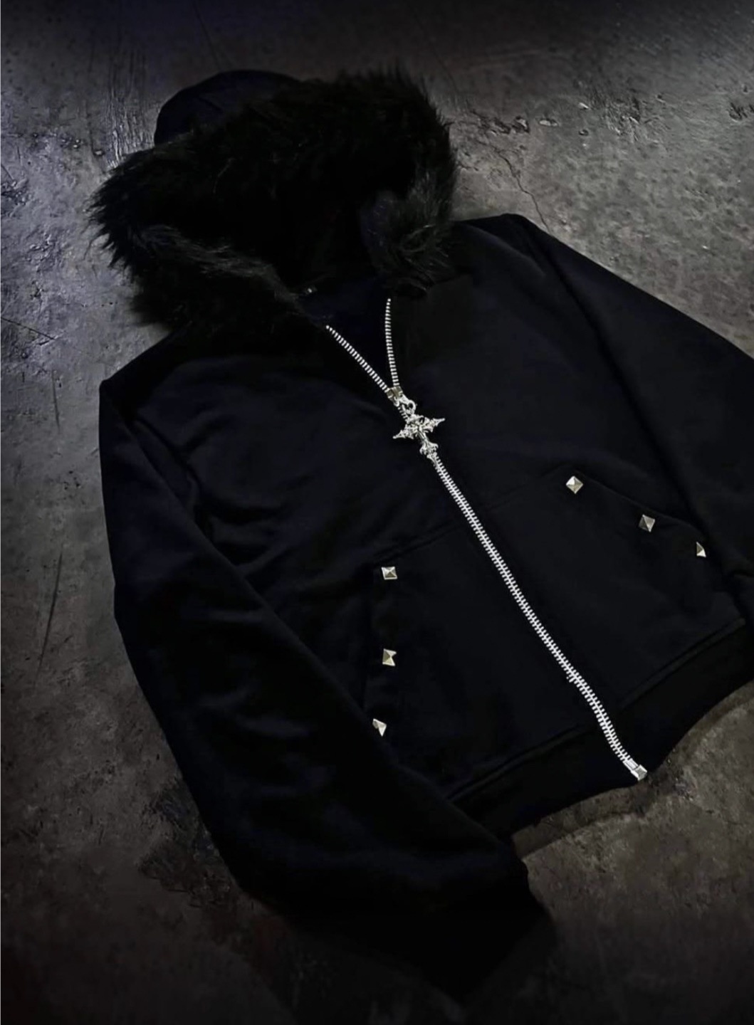 Rhinestone-studded Hooded Loose-fit Zip-up Coat 2 Rhinestone-studded Hooded Loose-fit Zip-up Coat - Image 2