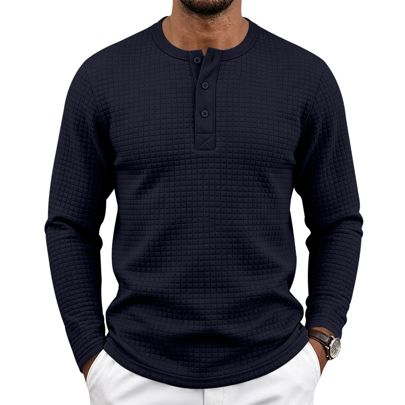 Retro Jacquard Plaid Loose-Fit Long-Sleeve Henley T-Shirt 2 Retro Jacquard Plaid Loose-Fit Long-Sleeve Henley T-Shirt - Image 2
