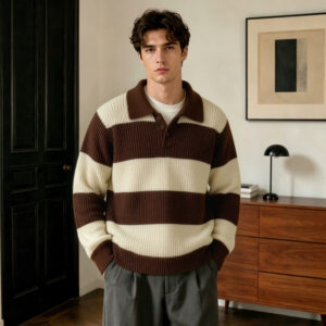 Men's Drop-shoulder Striped Lapel Loose-fit Sweater