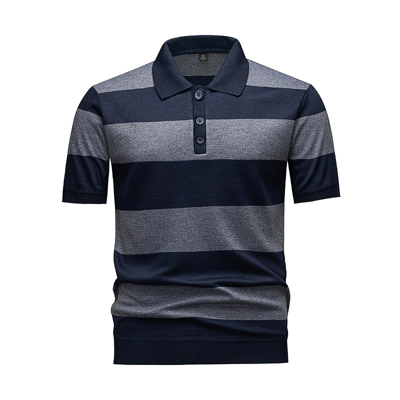 Men's Navy & Grey Horizontal Striped Knit Polo Shirt, Short Sleeve Casual Top 1 Men's Navy & Grey Horizontal Striped Knit Polo Shirt, Short Sleeve Casual Top