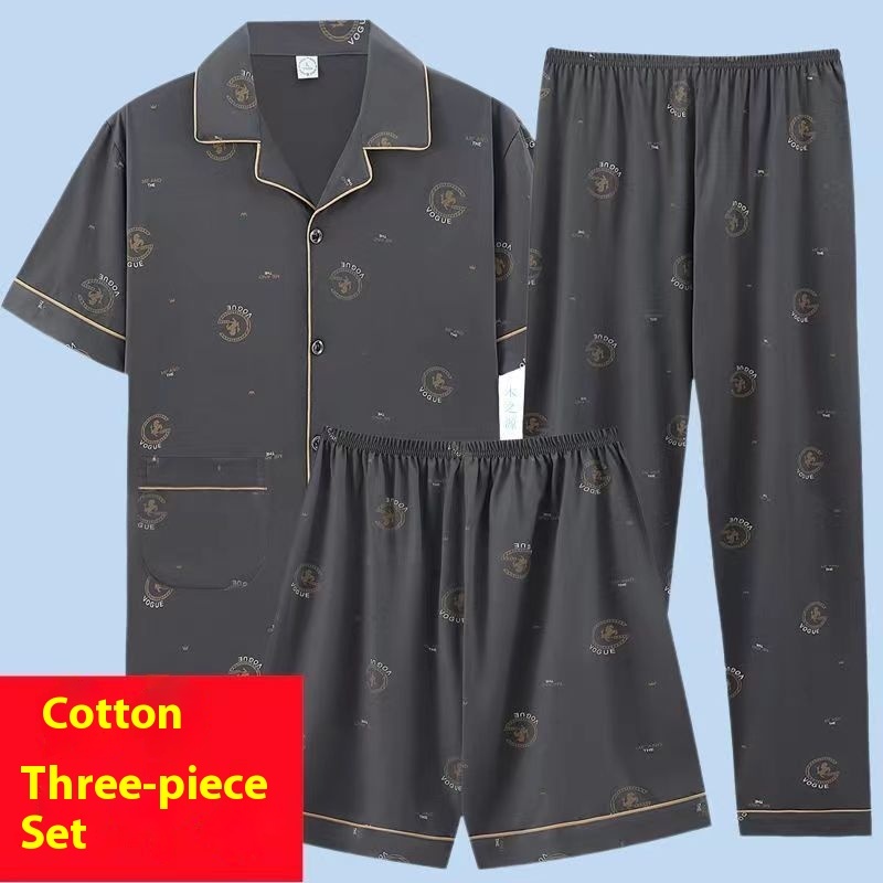 Men's Pajamas Summer Cotton Short Sleeve Trousers Three-piece Set 2 Men's Pajamas Summer Cotton Short Sleeve Trousers Three-piece Set - Image 2