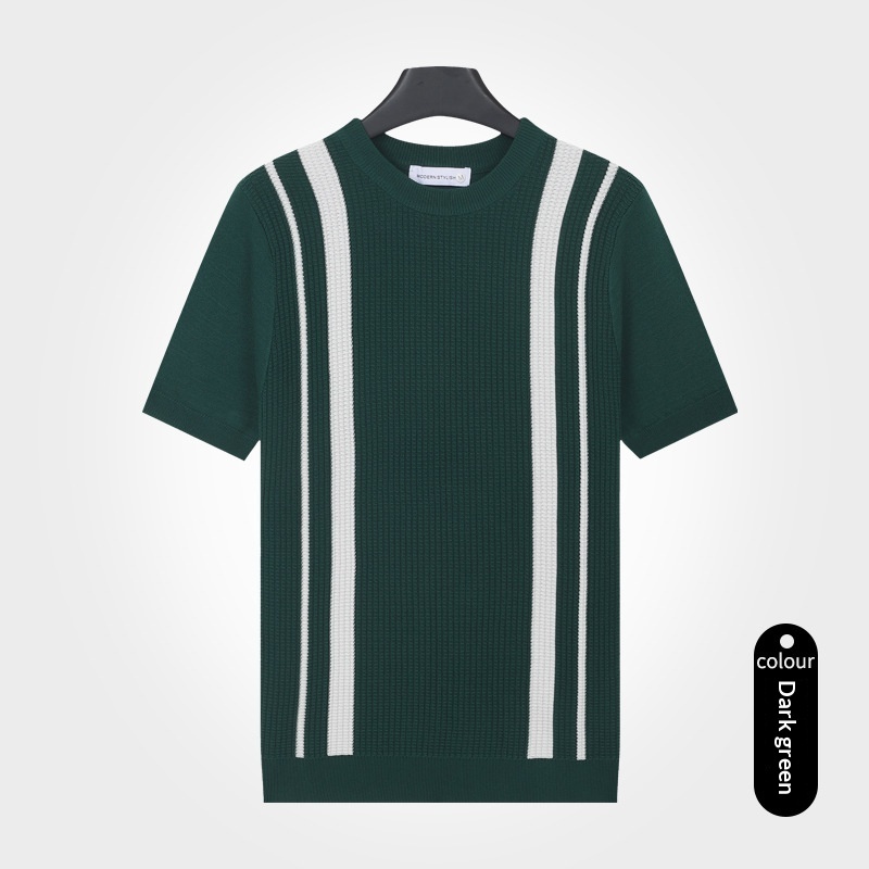Mens Ice-Silk Cool-Feel Striped Crew-Neck Knitted Top 7 Mens Ice-Silk Cool-Feel Striped Crew-Neck Knitted Top - Image 7