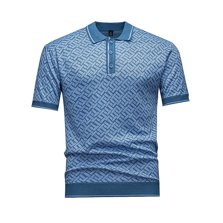 Men's Short Sleeve Knit Polo Shirt, Geometric Interwoven Pattern, Black & Grey - Image 5