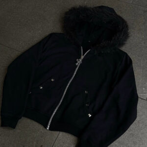 Rhinestone-studded Hooded Loose-fit Zip-up Coat