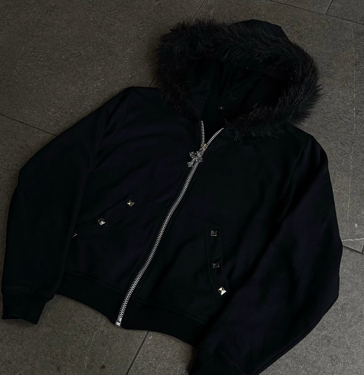 Rhinestone-studded Hooded Loose-fit Zip-up Coat 1 Rhinestone-studded Hooded Loose-fit Zip-up Coat