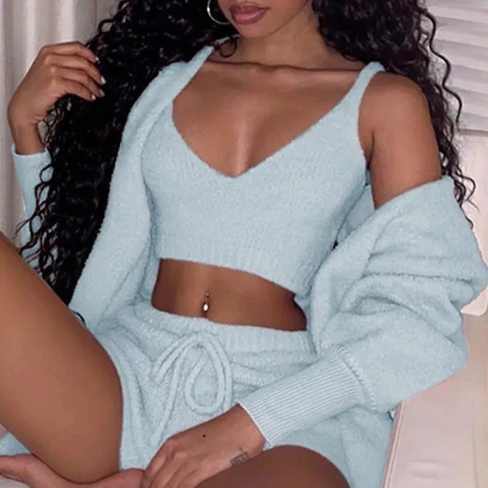 3pcs Womens Clothing Long Sleeve Crop Tank Top And Drawstring Shorts Pajama Set 4 3pcs Womens Clothing Long Sleeve Crop Tank Top And Drawstring Shorts Pajama Set - Image 4