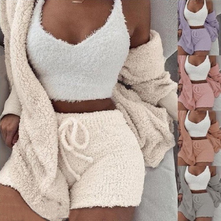 3pcs Womens Clothing Long Sleeve Crop Tank Top And Drawstring Shorts Pajama Set 1 3pcs Womens Clothing Long Sleeve Crop Tank Top And Drawstring Shorts Pajama Set