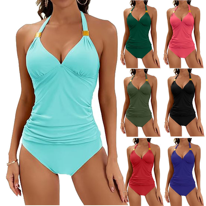Women's Pure Color Halter Split Tie Two Piece Swimsuit 9 Women's Pure Color Halter Split Tie Two Piece Swimsuit - Image 9