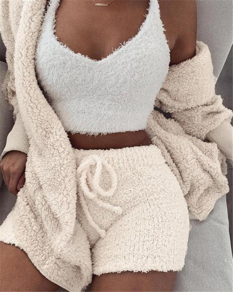 3pcs Womens Clothing Long Sleeve Crop Tank Top And Drawstring Shorts Pajama Set 2 3pcs Womens Clothing Long Sleeve Crop Tank Top And Drawstring Shorts Pajama Set - Image 2