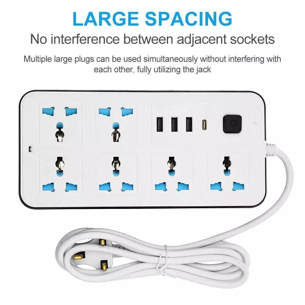Extension Lead Cable Electric Mains Power 6 Gang 3 USB 1 Type-C Port Plug Socket 1 Extension Lead Cable Electric Mains Power 6 Gang 3 USB 1 Type-C Port Plug Socket