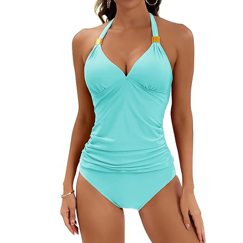 Women's Pure Color Halter Split Tie Two Piece Swimsuit 3 Women's Pure Color Halter Split Tie Two Piece Swimsuit - Image 3