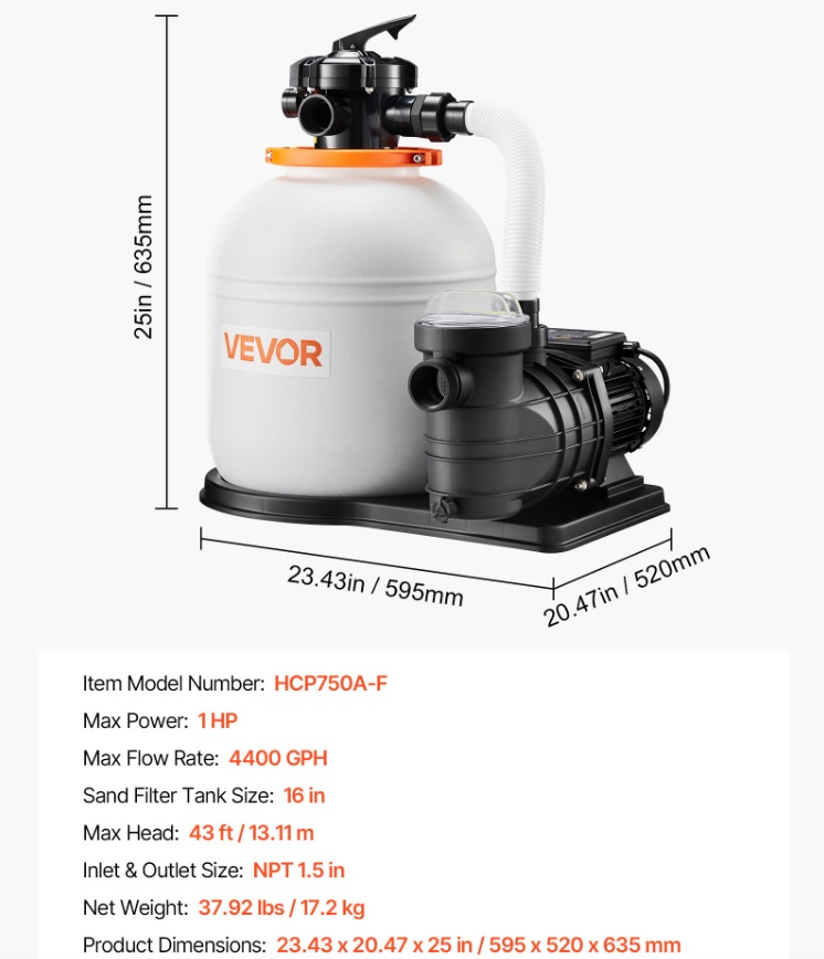 16 inch Sand Filter Pump For on Ground Pool Filter System with Timer, 1 HP 4400 GPH With Media Installed, Leak-Resistant 4 16 inch Sand Filter Pump For on Ground Pool Filter System with Timer, 1 HP 4400 GPH With Media Installed, Leak-Resistant - Image 4