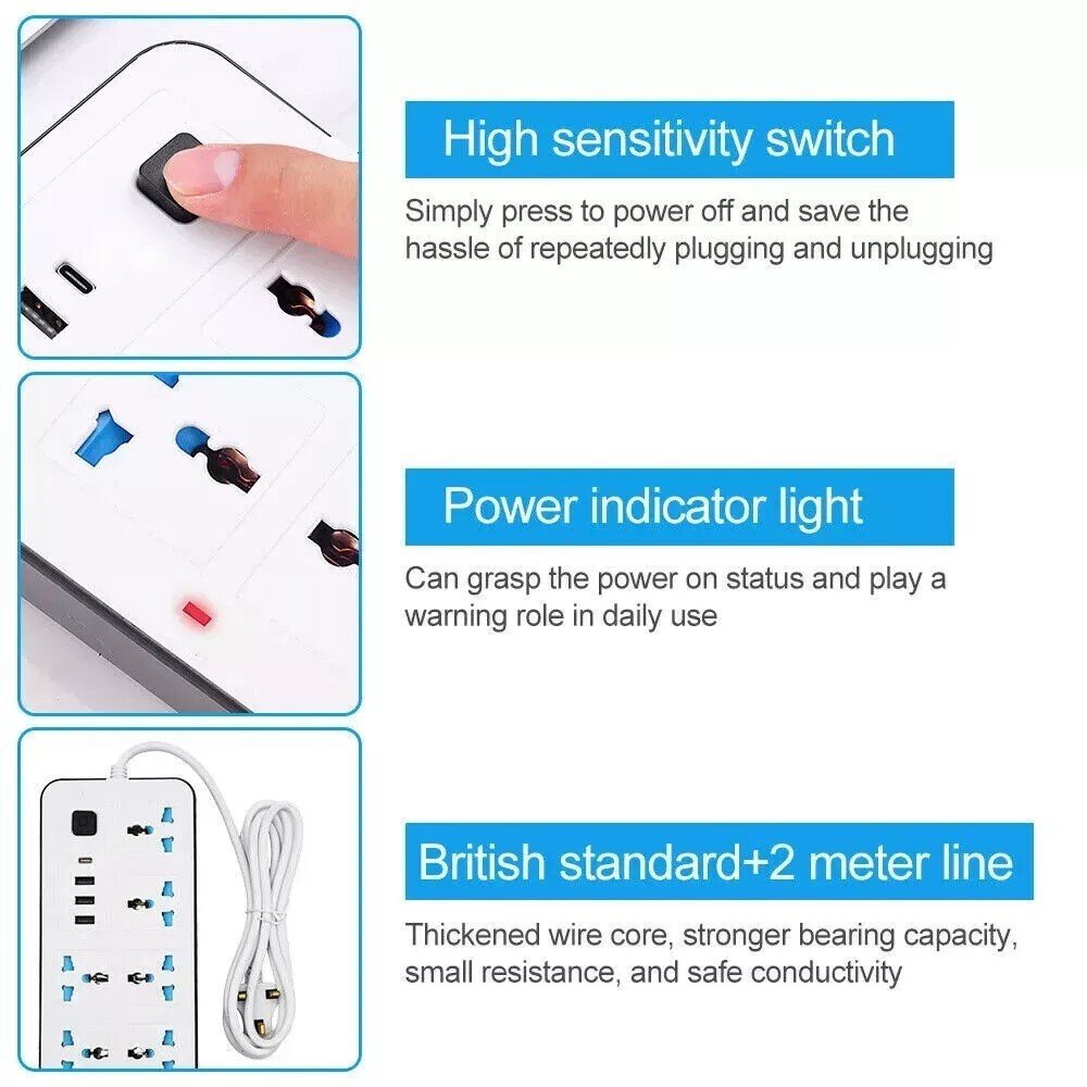 Extension Lead Cable Electric Mains Power 6 Gang 3 USB 1 Type-C Port Plug Socket 7 Extension Lead Cable Electric Mains Power 6 Gang 3 USB 1 Type-C Port Plug Socket - Image 7