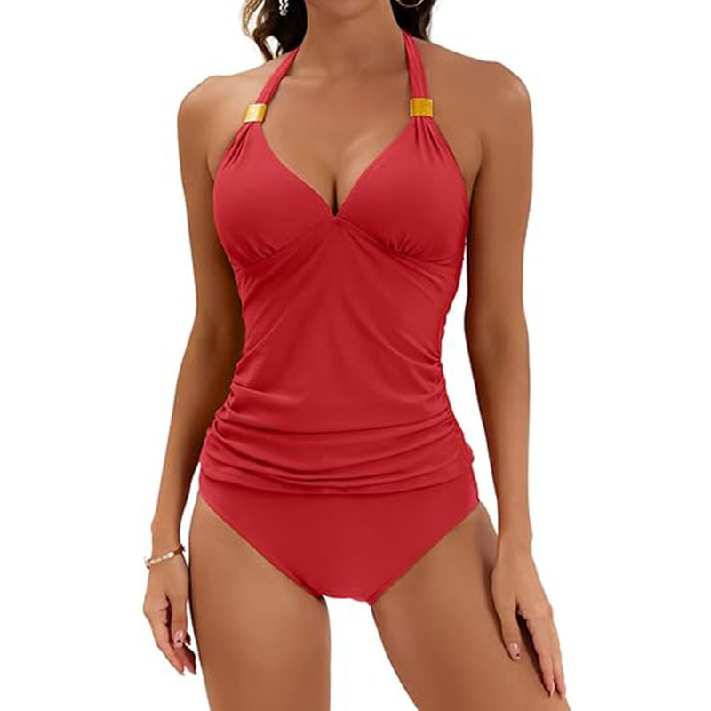 Women's Pure Color Halter Split Tie Two Piece Swimsuit 7 Women's Pure Color Halter Split Tie Two Piece Swimsuit - Image 7