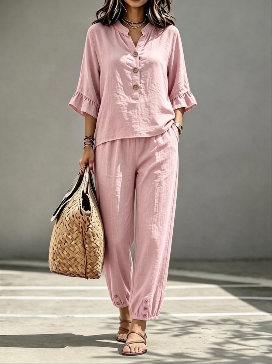 2pcs Set Women's Casual V-neck Collar Button Top Wide Leg Trousers Set Retro Suit 10 2pcs Set Women's Casual V-neck Collar Button Top Wide Leg Trousers Set Retro Suit - Image 10