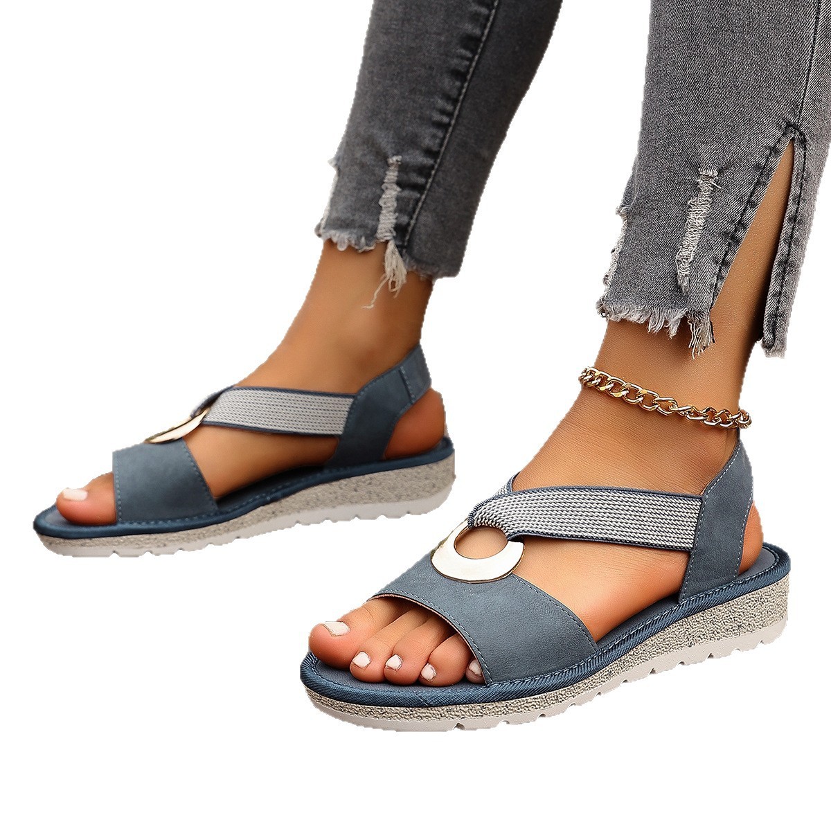 Flat Sole Wedge Sandals Elastic Strap 4 Flat Sole Wedge Sandals Elastic Strap - Image 4