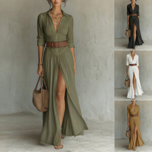 Women's Casual V-Neck Long Dress with High Side Split