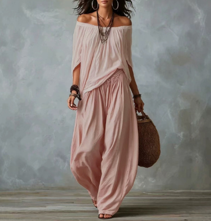 Off-Shoulder Suit Long Sleeve Top And Flare Leg Pants Set 5 Off-Shoulder Suit Long Sleeve Top And Flare Leg Pants Set - Image 5