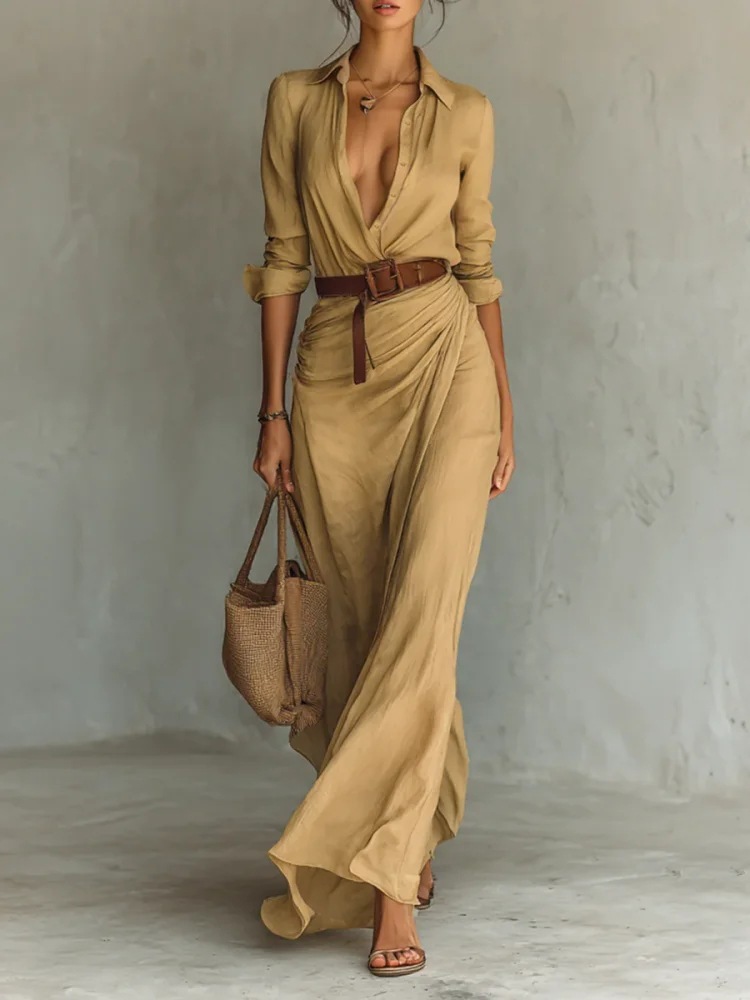 Irregular Long Dress With Belt Button Lapel Long-sleeved Shirt 6 Irregular Long Dress With Belt Button Lapel Long-sleeved Shirt - Image 6