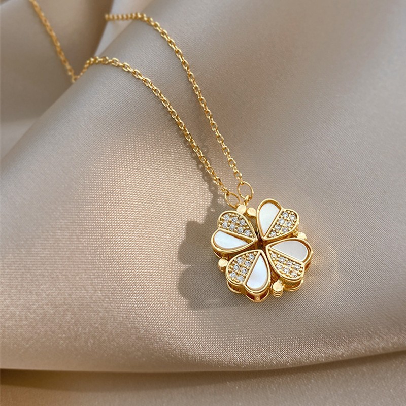 Leaf Clover Pendant Stainless Steel Crystal Heart Necklace 7 Leaf Clover Pendant Stainless Steel Crystal Heart Necklace - Image 7