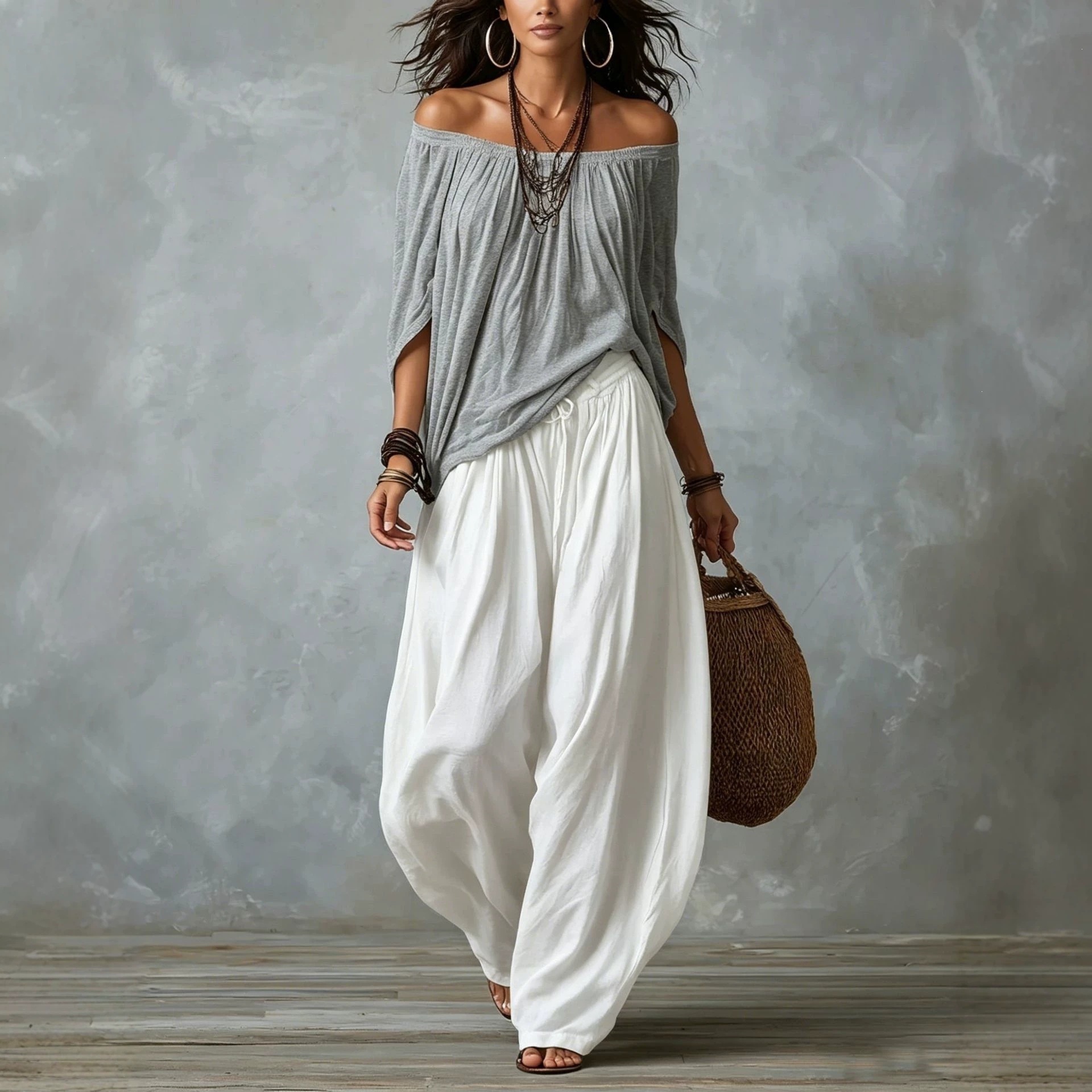Off-Shoulder Suit Long Sleeve Top And Flare Leg Pants Set 8 Off-Shoulder Suit Long Sleeve Top And Flare Leg Pants Set - Image 8