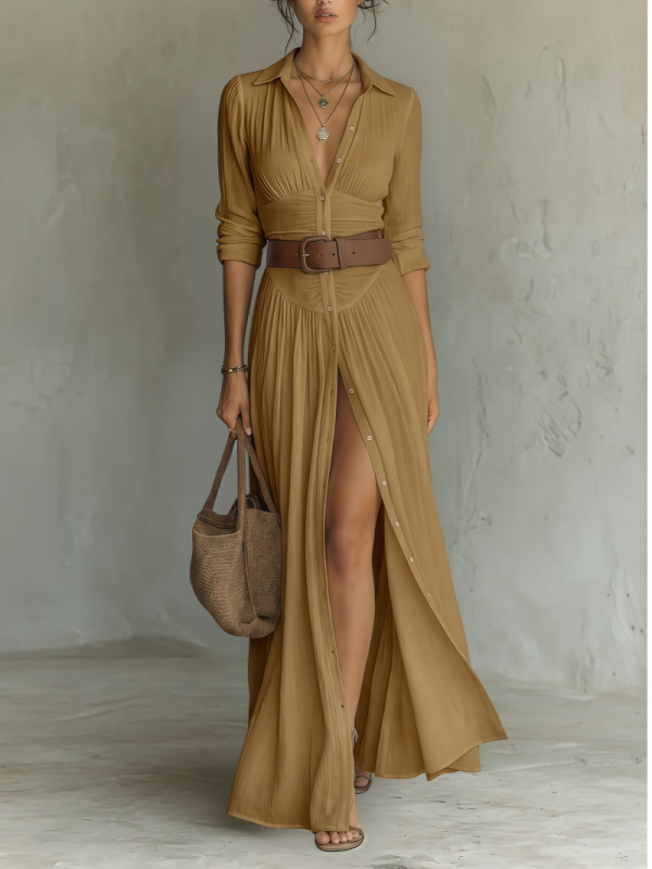 Women's Casual V-Neck Long Dress with High Side Split 5 Women's Casual V-Neck Long Dress with High Side Split - Image 5