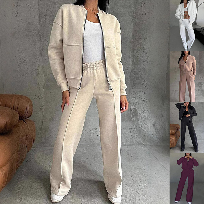 Women's Sports Suit Zipper Jacket And Wide Leg Pants 1 Women's Sports Suit Zipper Jacket And Wide Leg Pants