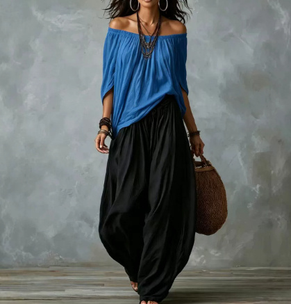 Off-Shoulder Suit Long Sleeve Top And Flare Leg Pants Set 7 Off-Shoulder Suit Long Sleeve Top And Flare Leg Pants Set - Image 7