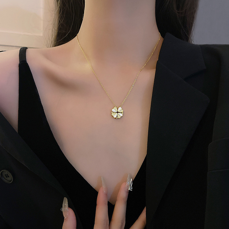 Leaf Clover Pendant Stainless Steel Crystal Heart Necklace 5 Leaf Clover Pendant Stainless Steel Crystal Heart Necklace - Image 5