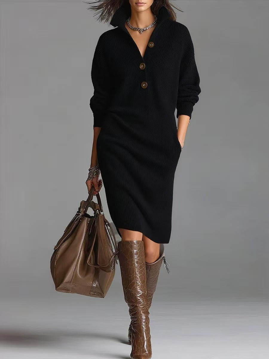 Long-sleeved Sweater Dress V-neck Button Pullover 3 Long-sleeved Sweater Dress V-neck Button Pullover - Image 3