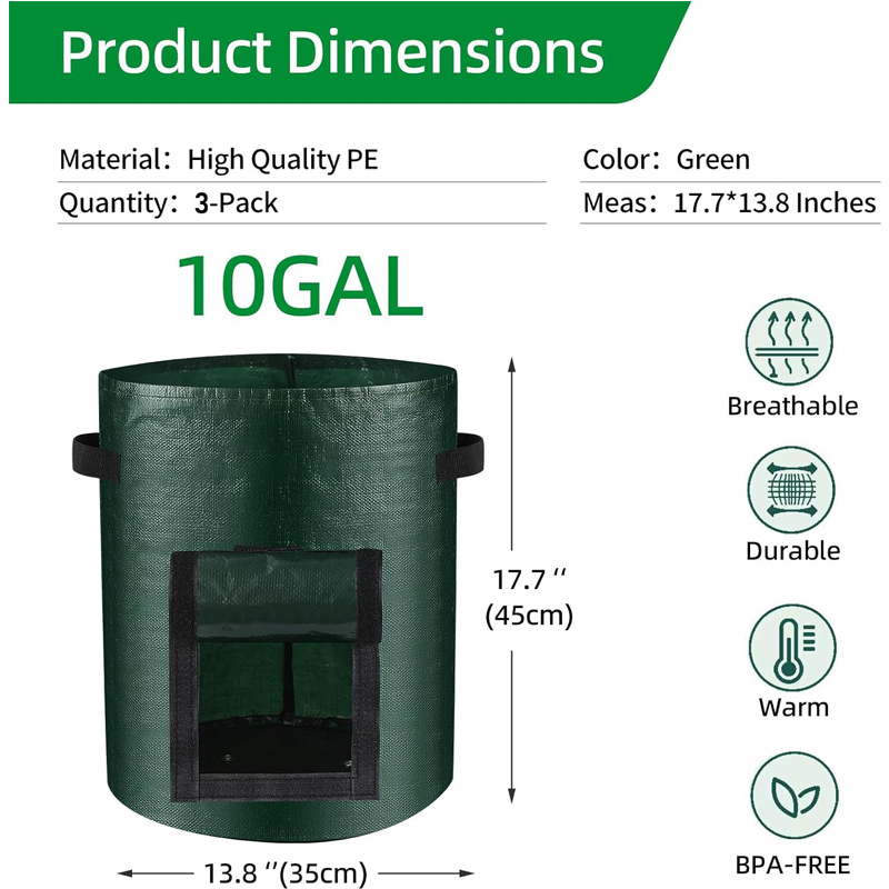 10 Gallon -6 Pack Potato Grow, PE Fabric With Flap And Handles, Green Planter Bags 8 10 Gallon -6 Pack Potato Grow, PE Fabric With Flap And Handles, Green Planter Bags - Image 8