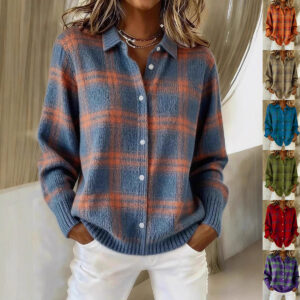 Winter Plaid Sweater Long Sleeve Button Down