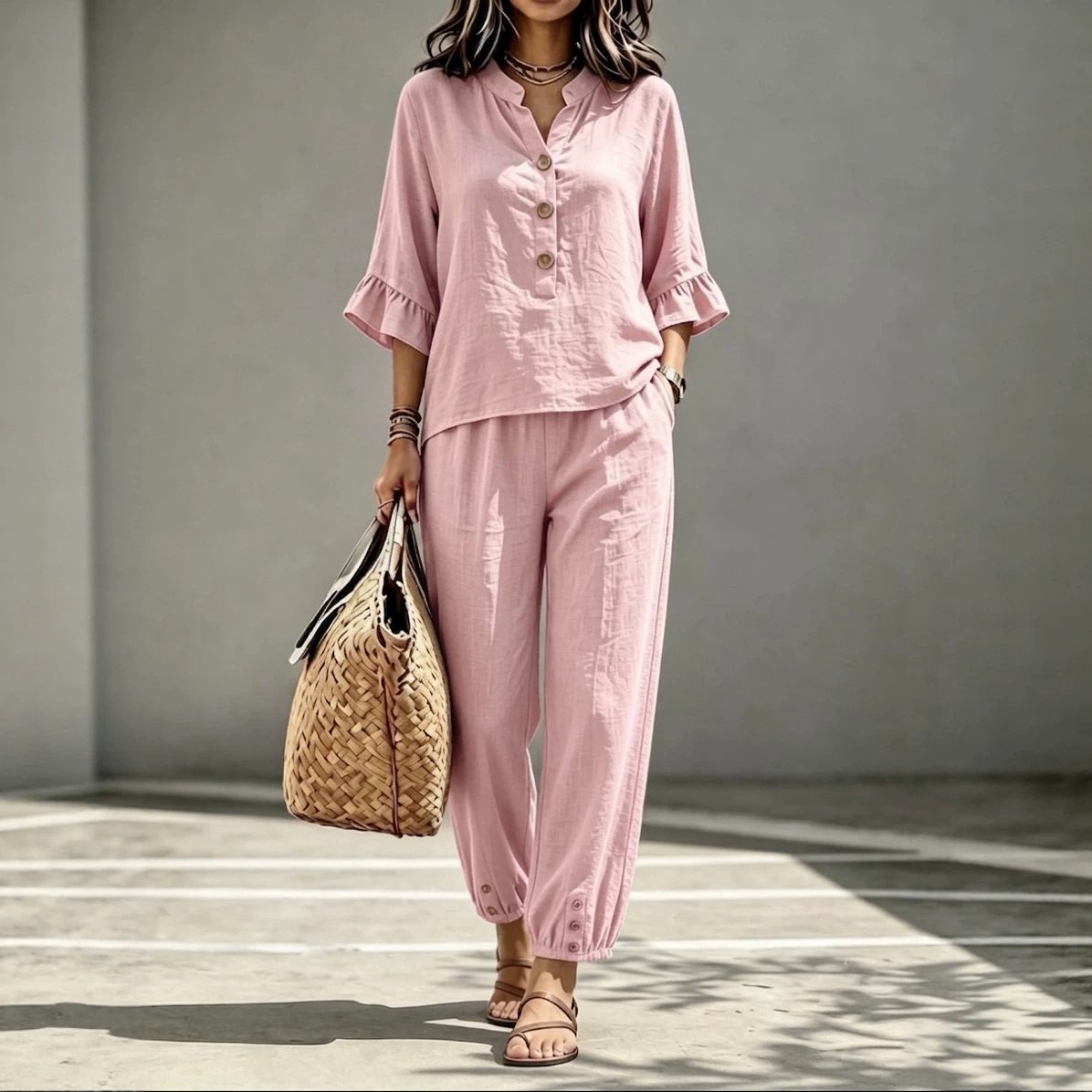 2pcs Set Women's Casual V-neck Collar Button Top Wide Leg Trousers Set Retro Suit 3 2pcs Set Women's Casual V-neck Collar Button Top Wide Leg Trousers Set Retro Suit - Image 3