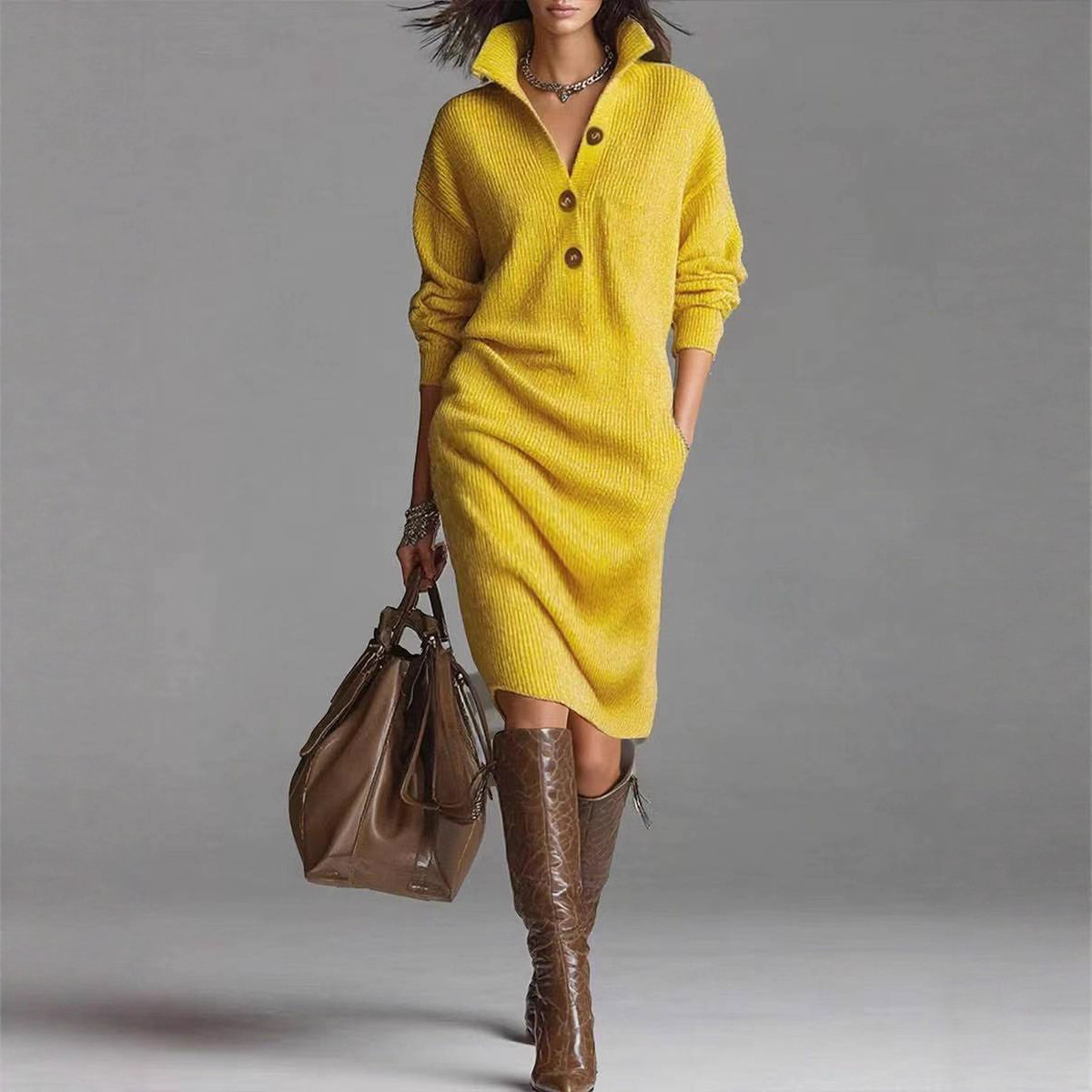 Long-sleeved Sweater Dress V-neck Button Pullover 4 Long-sleeved Sweater Dress V-neck Button Pullover - Image 4