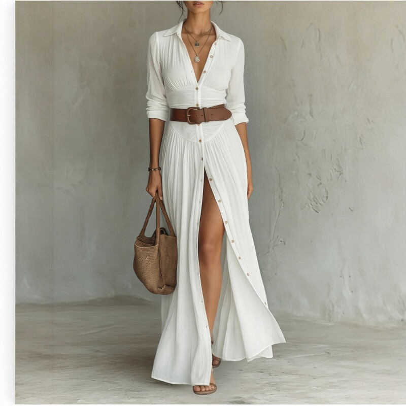 Women's Casual V-Neck Long Dress with High Side Split 4 Women's Casual V-Neck Long Dress with High Side Split - Image 4