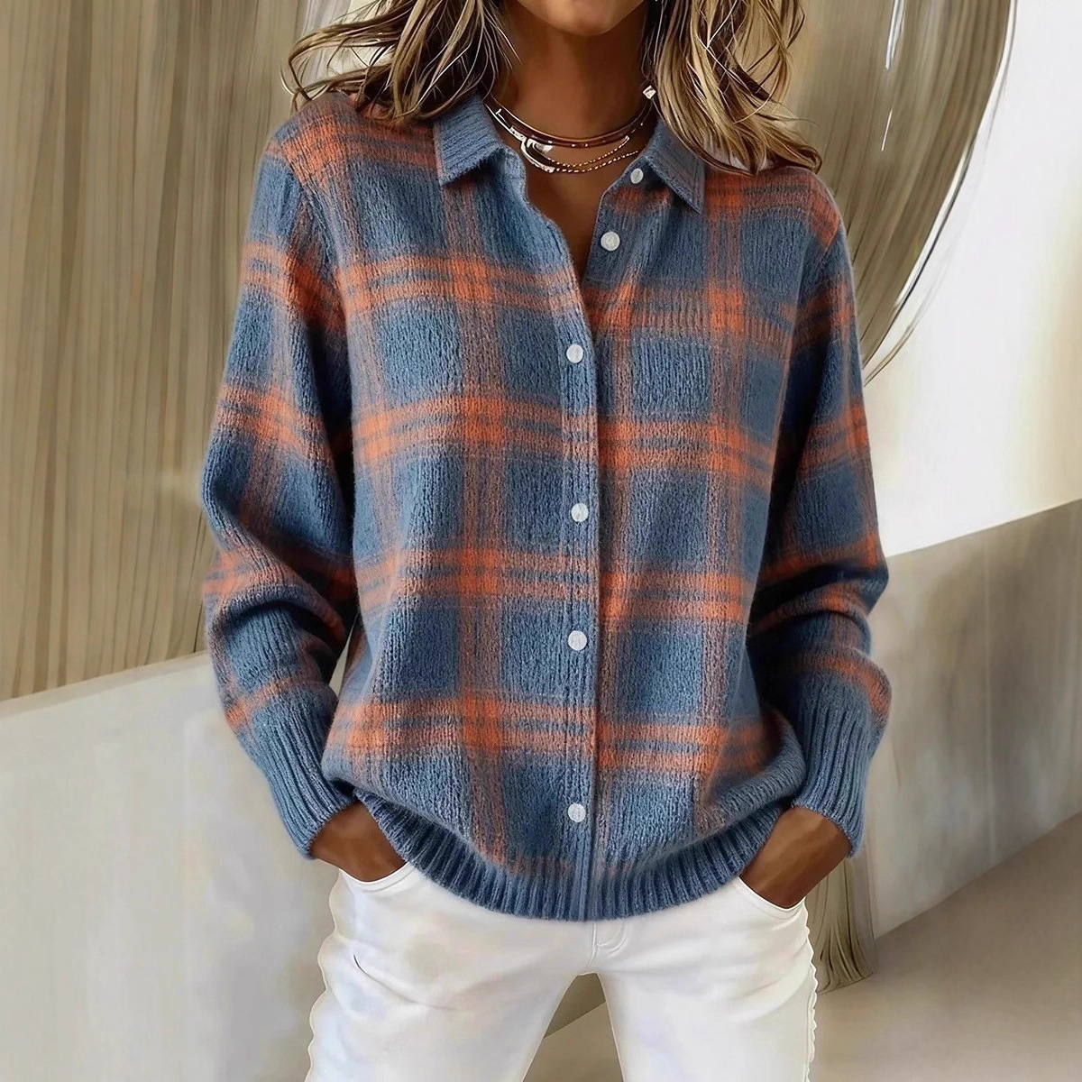 Winter Plaid Sweater Long Sleeve Button Down 4 Winter Plaid Sweater Long Sleeve Button Down - Image 4