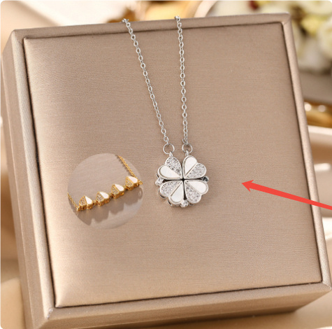 Leaf Clover Pendant Stainless Steel Crystal Heart Necklace 3 Leaf Clover Pendant Stainless Steel Crystal Heart Necklace - Image 3