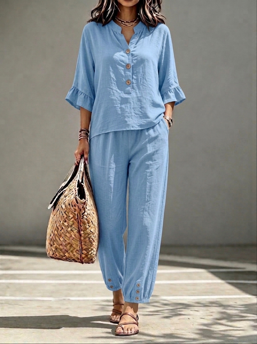 2pcs Set Women's Casual V-neck Collar Button Top Wide Leg Trousers Set Retro Suit 6 2pcs Set Women's Casual V-neck Collar Button Top Wide Leg Trousers Set Retro Suit - Image 6