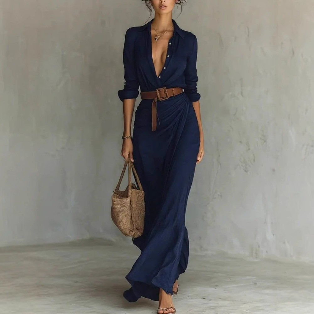 Irregular Long Dress With Belt Button Lapel Long-sleeved Shirt 5 Irregular Long Dress With Belt Button Lapel Long-sleeved Shirt - Image 5
