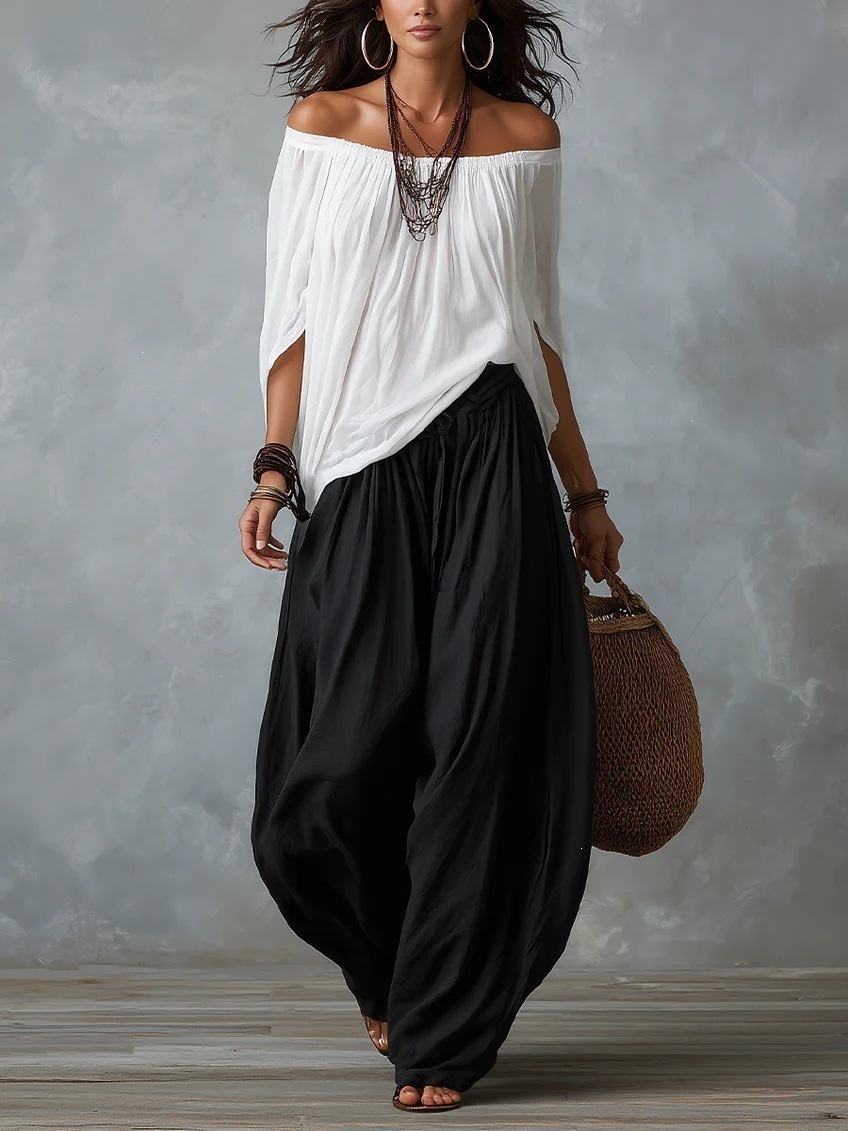 Off-Shoulder Suit Long Sleeve Top And Flare Leg Pants Set 9 Off-Shoulder Suit Long Sleeve Top And Flare Leg Pants Set - Image 9