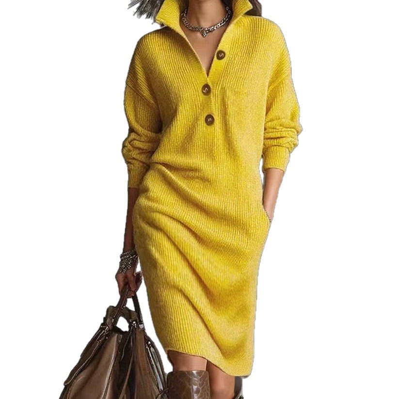 Long-sleeved Sweater Dress V-neck Button Pullover 6 Long-sleeved Sweater Dress V-neck Button Pullover - Image 6
