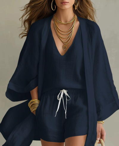 3pcs Suits Mid-length Cardigan Sleeveless Vest And Shorts Set Women's Casual Three-piece Outfit For Daily Wear 7 3pcs Suits Mid-length Cardigan Sleeveless Vest And Shorts Set Women's Casual Three-piece Outfit For Daily Wear - Image 7