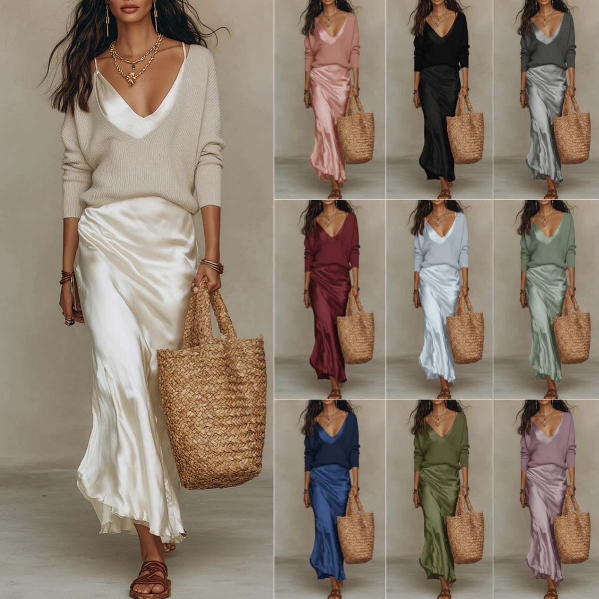 Women's Satin Maxi Dress 2 Pieces Set 1 Women's Satin Maxi Dress 2 Pieces Set