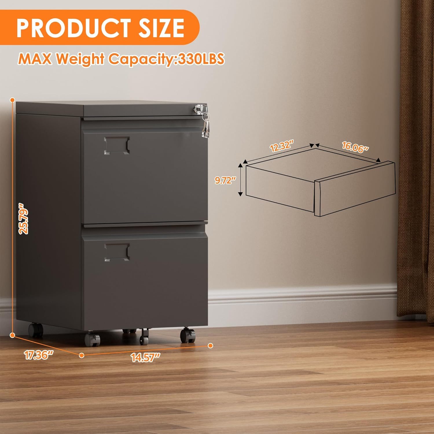 2 Drawer Mobile File Cabinet, Metal Under Desk Cabinet With Lock 2 2 Drawer Mobile File Cabinet, Metal Under Desk Cabinet With Lock - Image 2