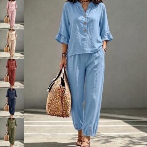 2pcs Set Women's Casual V-neck Collar Button Top Wide Leg Trousers Set Retro Suit
