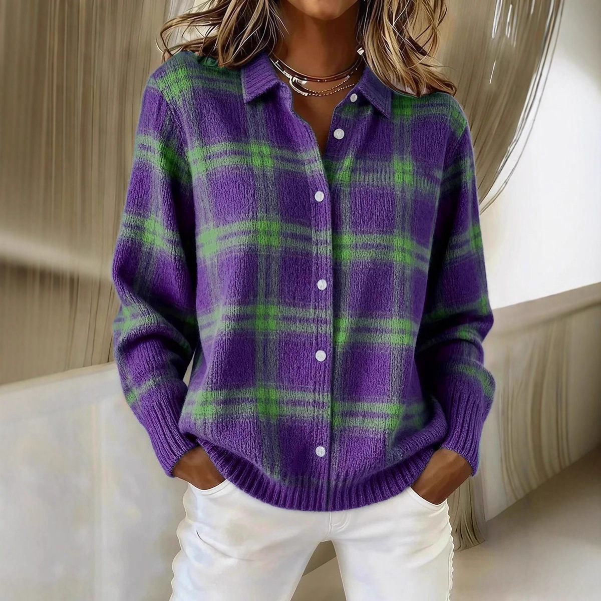 Winter Plaid Sweater Long Sleeve Button Down 7 Winter Plaid Sweater Long Sleeve Button Down - Image 7