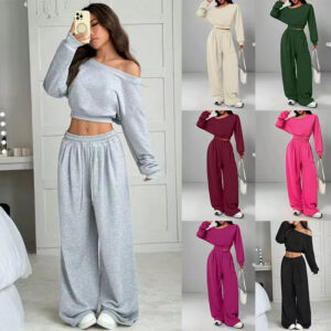 2-piece Set One-shoulder Long-sleeved Sweatshirt Elastic Waist Trousers