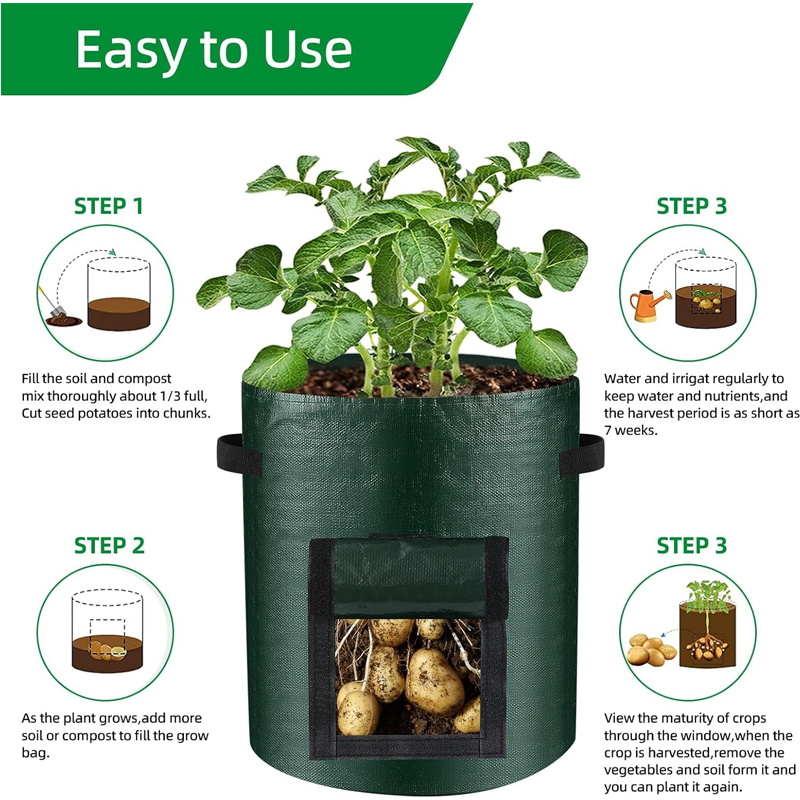 10 Gallon -6 Pack Potato Grow, PE Fabric With Flap And Handles, Green Planter Bags 2 10 Gallon -6 Pack Potato Grow, PE Fabric With Flap And Handles, Green Planter Bags - Image 2